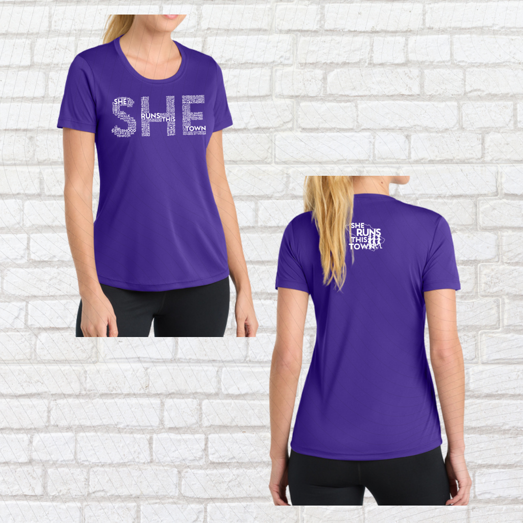 SHE (She Runs This Town) – Performance Ladies Fit Tee