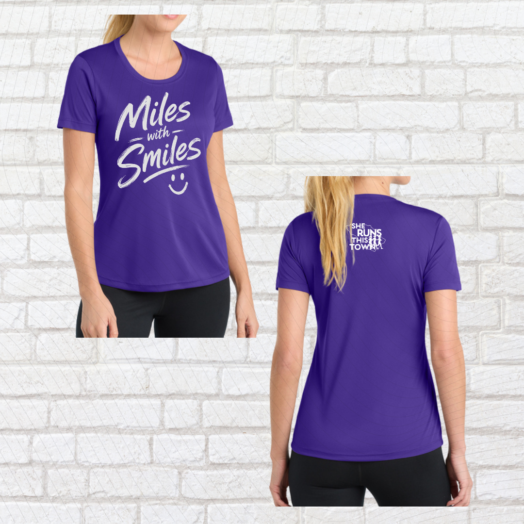 Miles with Smiles (She Runs This Town) – Performance Ladies Fit Tee