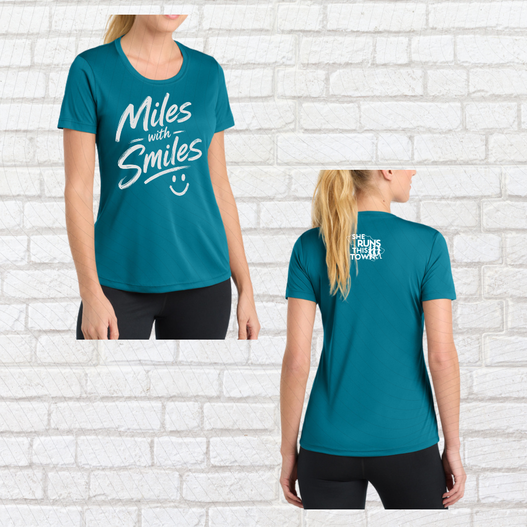 Miles with Smiles (She Runs This Town) – Performance Ladies Fit Tee