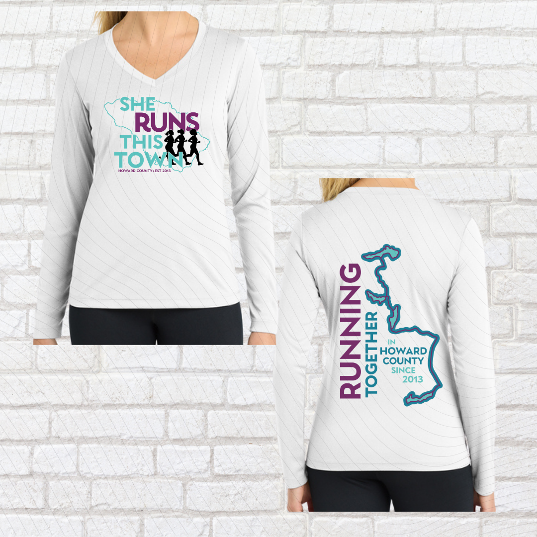 She Runs This Town – Performance V-Neck Long Sleeve Ladies Fit Shirt