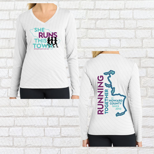 She Runs This Town – Performance V-Neck Long Sleeve Ladies Fit Shirt
