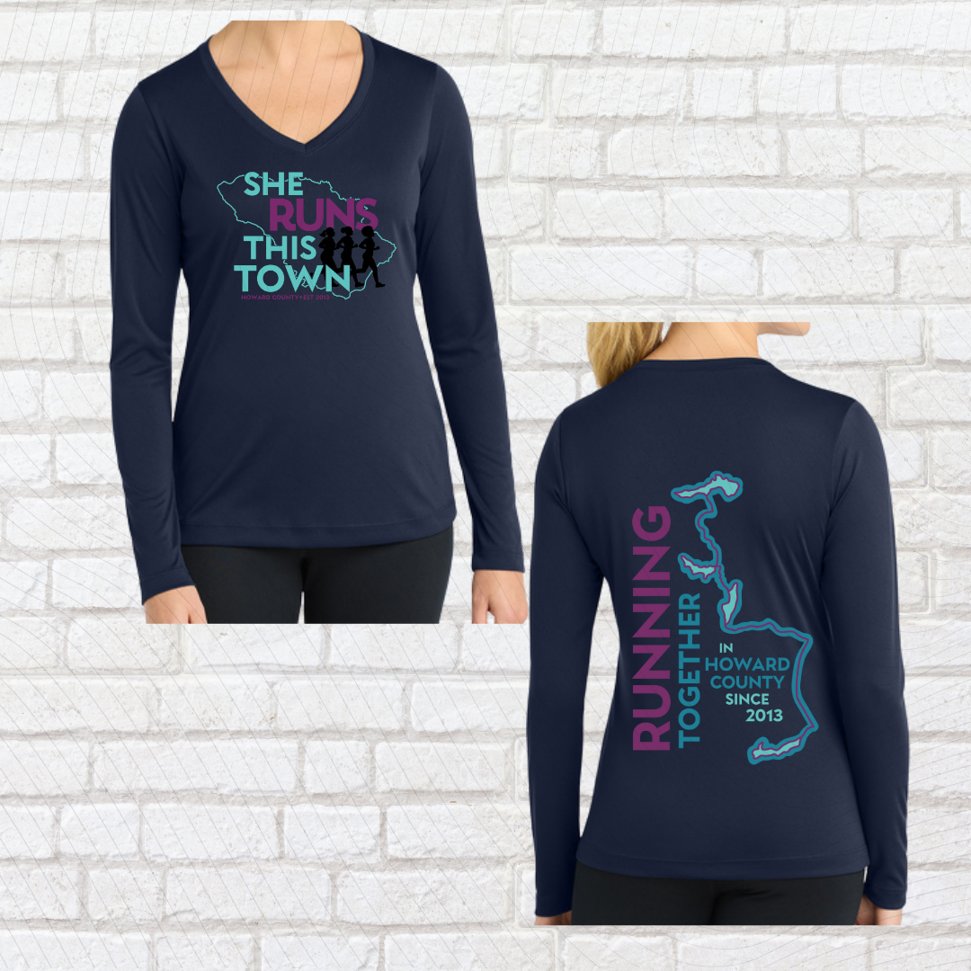 She Runs This Town – Performance V-Neck Long Sleeve Ladies Fit Shirt