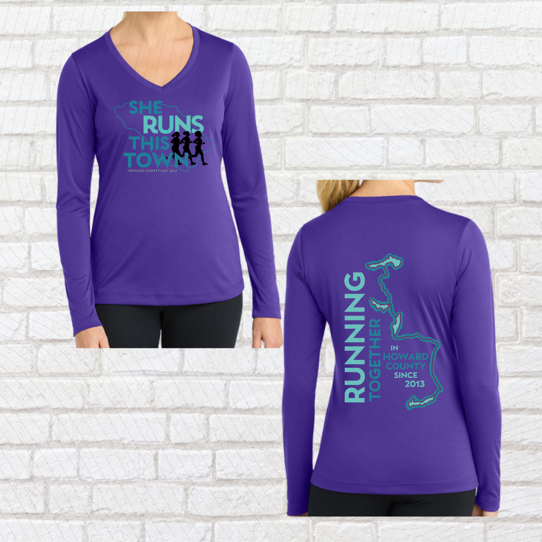 She Runs This Town – Performance V-Neck Long Sleeve Ladies Fit Shirt