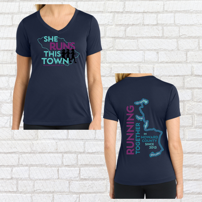 She Runs This Town – Performance Ladies Fit V-Neck Tee