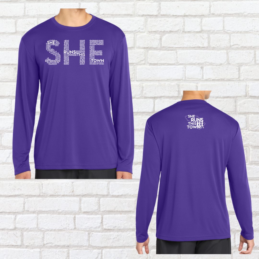 SHE (She Runs This Town) – Performance Long Sleeve Shirt (Unisex Fit)