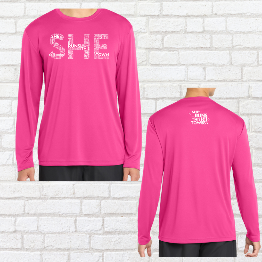SHE (She Runs This Town) – Performance Long Sleeve Shirt (Unisex Fit)