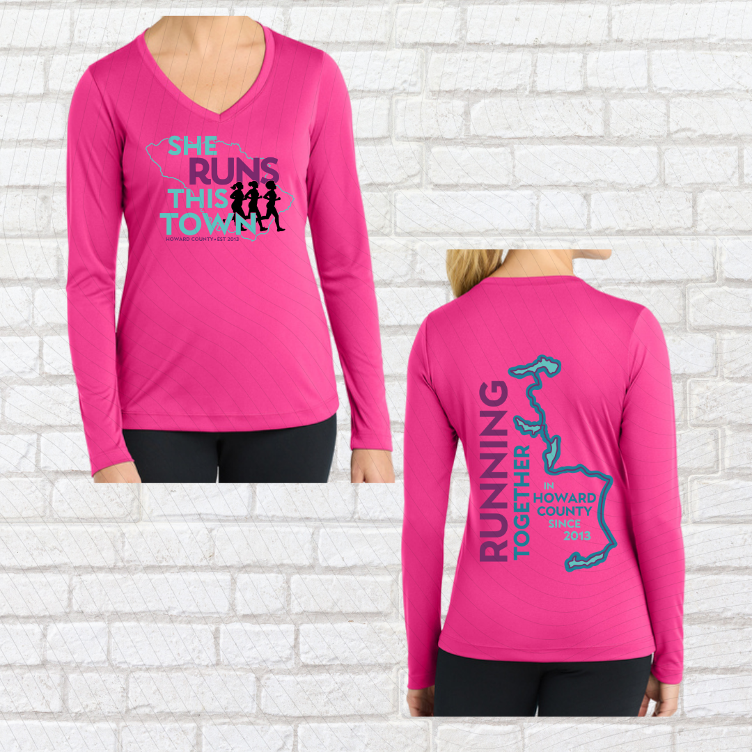 She Runs This Town – Performance V-Neck Long Sleeve Ladies Fit Shirt