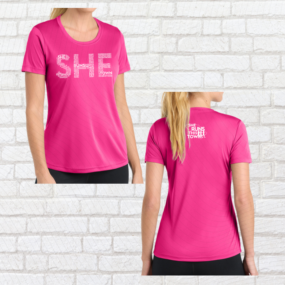 SHE (She Runs This Town) – Performance Ladies Fit Tee