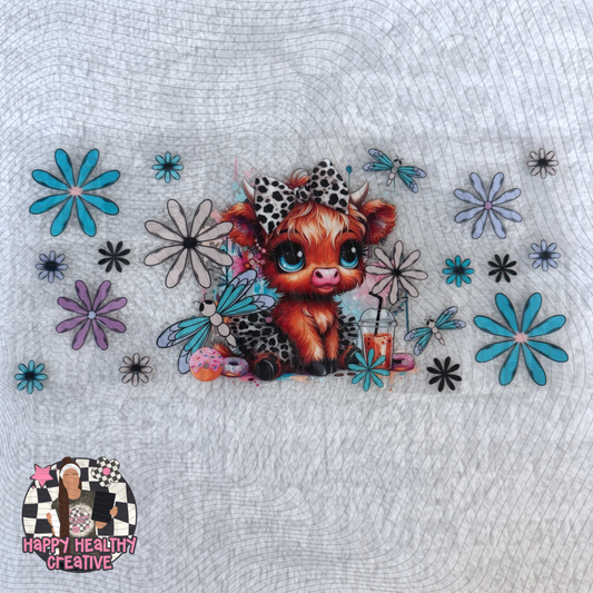 Cute Highland Cows Bright Flowers Coffee Decal Wrap